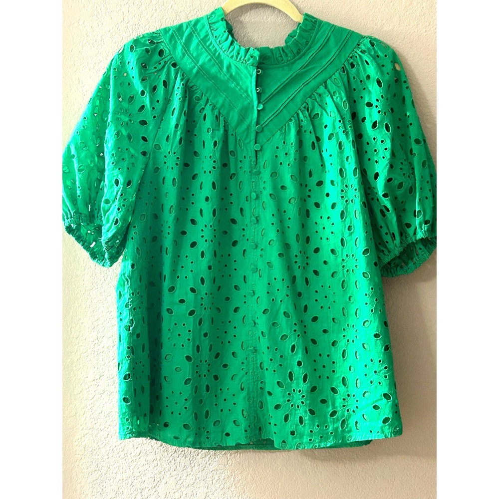 PrettyGarden Green Eyelet Lace Puff Sleeve Ruffle Neck Blouse Top 7542 Medium